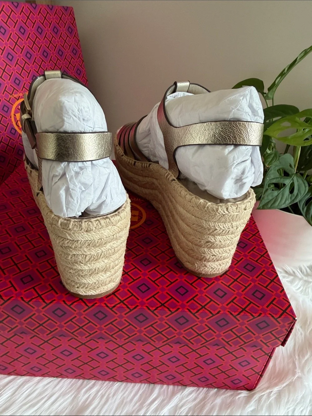 Tory Burch Metallic Gold Leather Espadrille Wedge Sandals